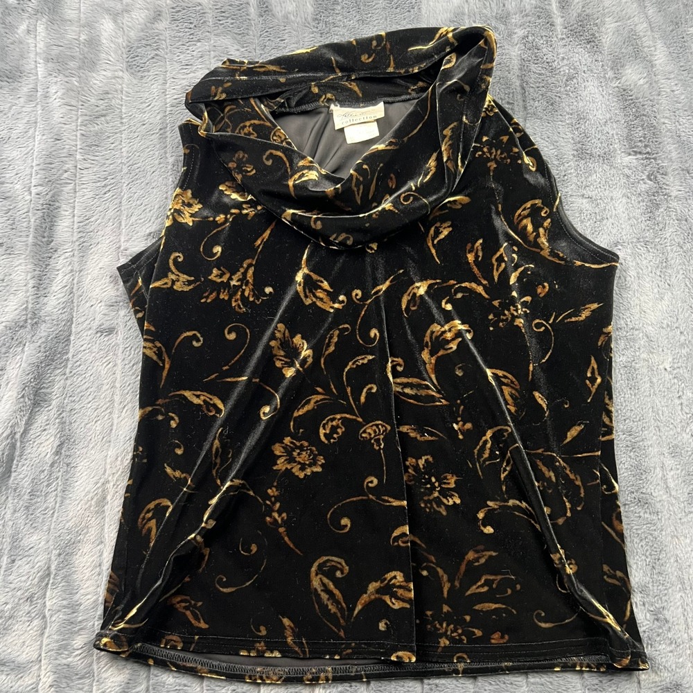 Kathie Lee Collection Black Bronze Floral Velvet Cowl Neck Sleeveless Top Large